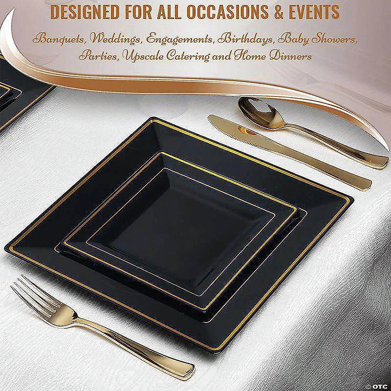 9.5" Black with Gold Square Edge Rim Plastic Dinner Plates (40 Plates)
