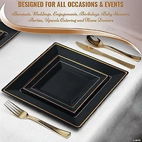9.5" Black with Gold Square Edge Rim Plastic Dinner Plates (40 Plates)