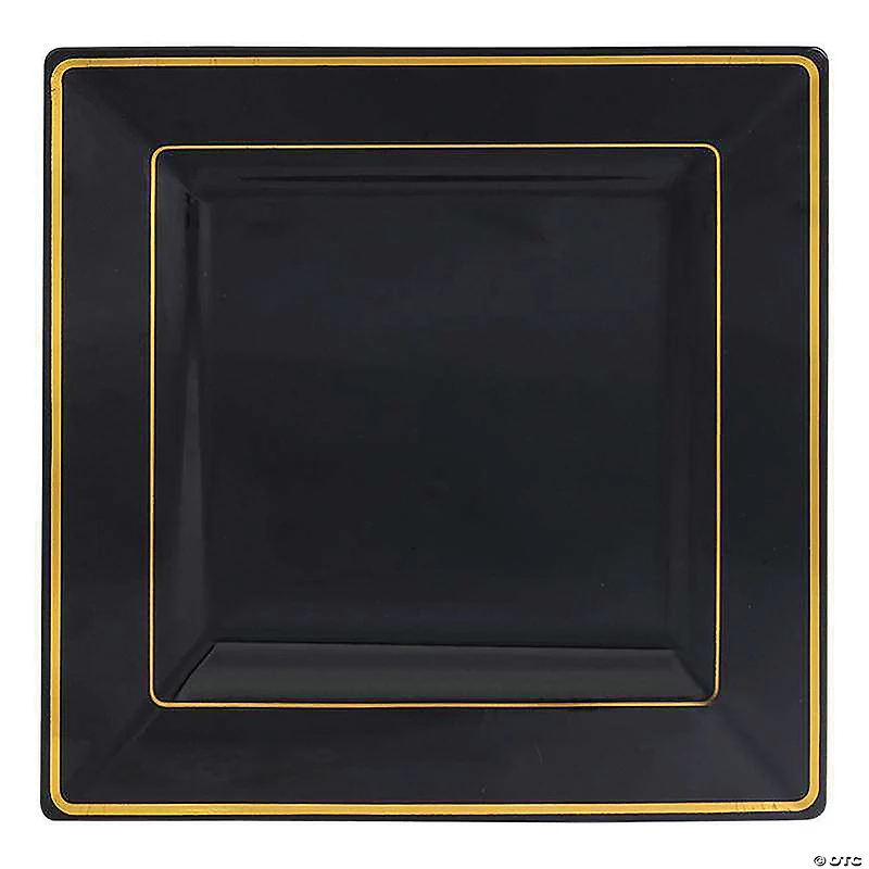 9.5" Black with Gold Square Edge Rim Plastic Dinner Plates (40 Plates)