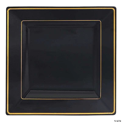 9.5" Black with Gold Square Edge Rim Plastic Dinner Plates (40 Plates)