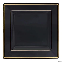 9.5" Black with Gold Square Edge Rim Plastic Dinner Plates (40 Plates)