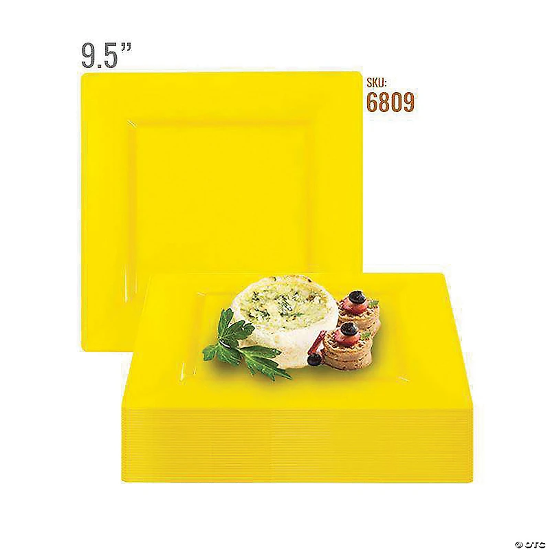 9.5" Yellow Square Plastic Dinner Plates (40 Plates)