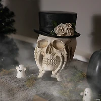 9" Skull with Top Hat and Roses Halloween Decoration