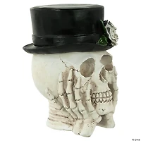 9" Skull with Top Hat and Roses Halloween Decoration