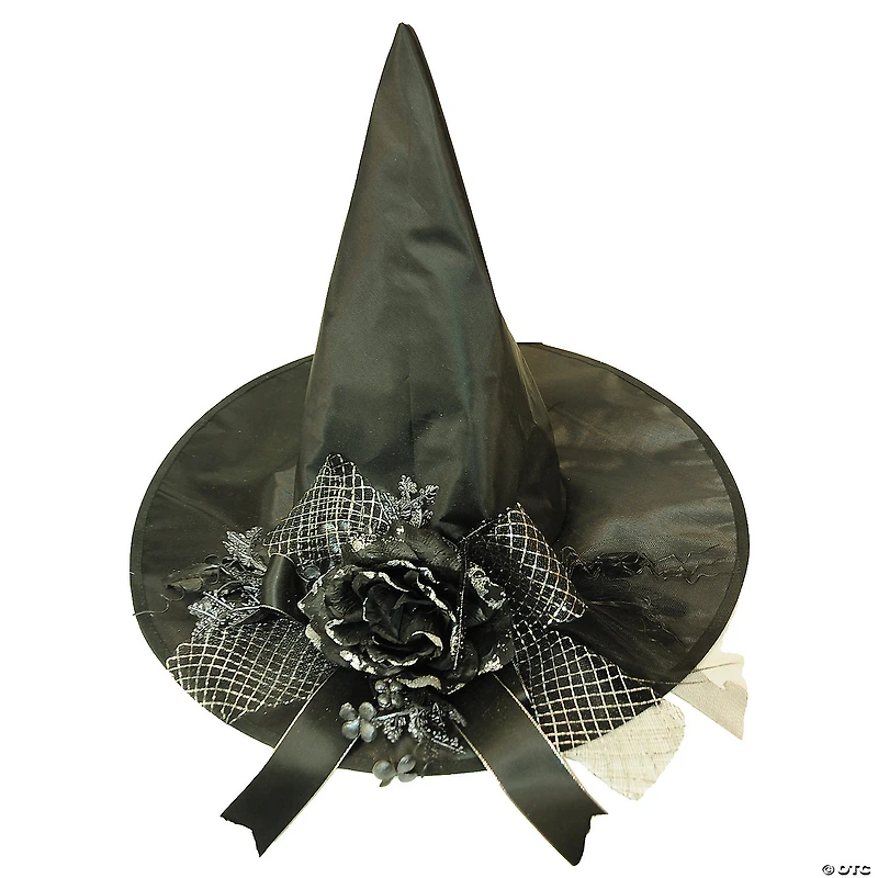 Adults Black Witch Hat with Rose & Ribbon