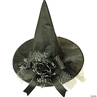 Adults Black Witch Hat with Rose & Ribbon