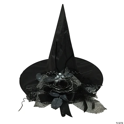 Adults Black Witch Hat with Rose & Ribbon