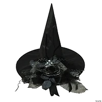 Adults Black Witch Hat with Rose & Ribbon