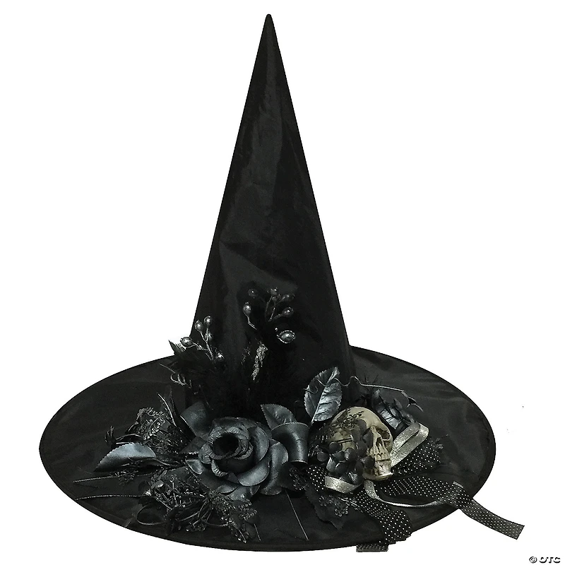 Adults Black Witch Hat with Skull & Flowers