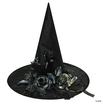 Adults Black Witch Hat with Skull & Flowers