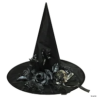 Adults Black Witch Hat with Skull & Flowers