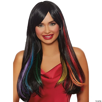 Adults Brown Long Straight Wig with Hidden Rainbow