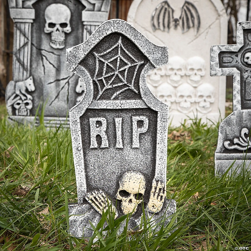 Bat & Skull Foam Tombstone Halloween Decorations Set – 6 Pc.