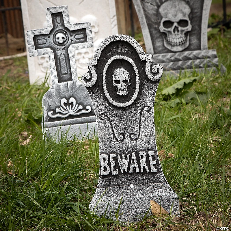 Bat & Skull Foam Tombstone Halloween Decorations Set – 6 Pc.
