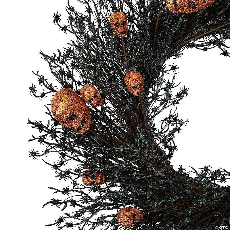 Black and Orange Skulls and Spiders Halloween Twig Wreath  22-Inch  Unlit