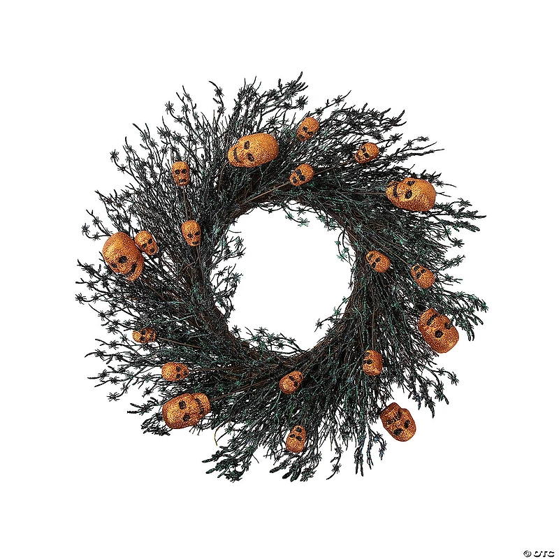 Black and Orange Skulls and Spiders Halloween Twig Wreath 22-Inch Unlit