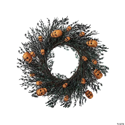 Black and Orange Skulls and Spiders Halloween Twig Wreath  22-Inch  Unlit