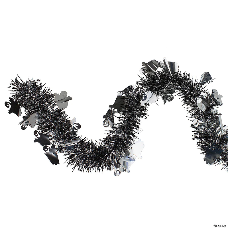 Black and Silver with Ghosts Halloween Tinsel Garland - 50 feet  Unlit
