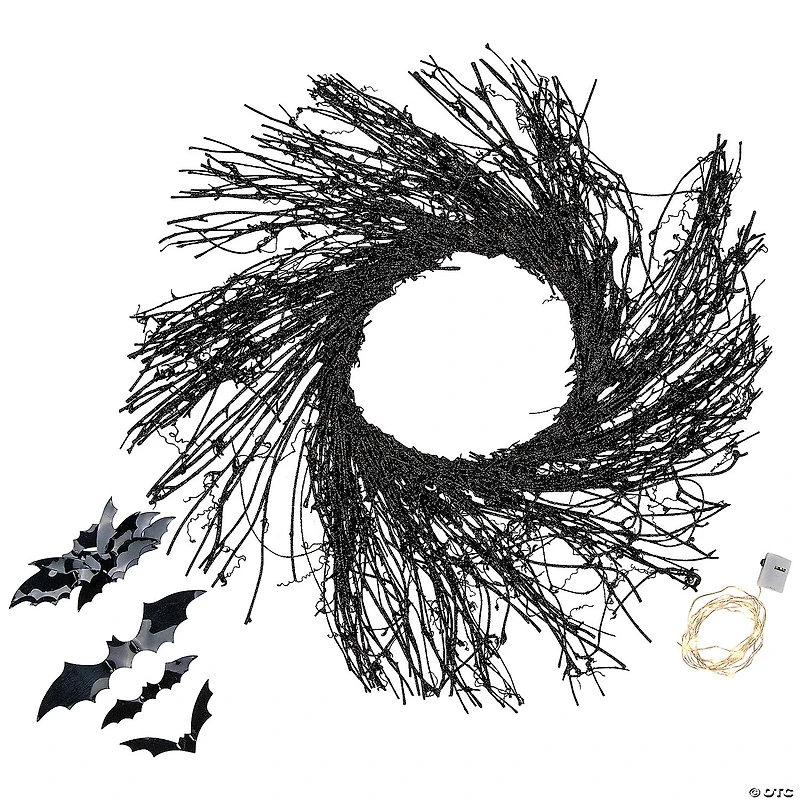 Black Halloween Twig Wreath with Bats and Warm White Lights  22-Inch