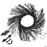 Black Halloween Twig Wreath with Bats and Warm White Lights  22-Inch