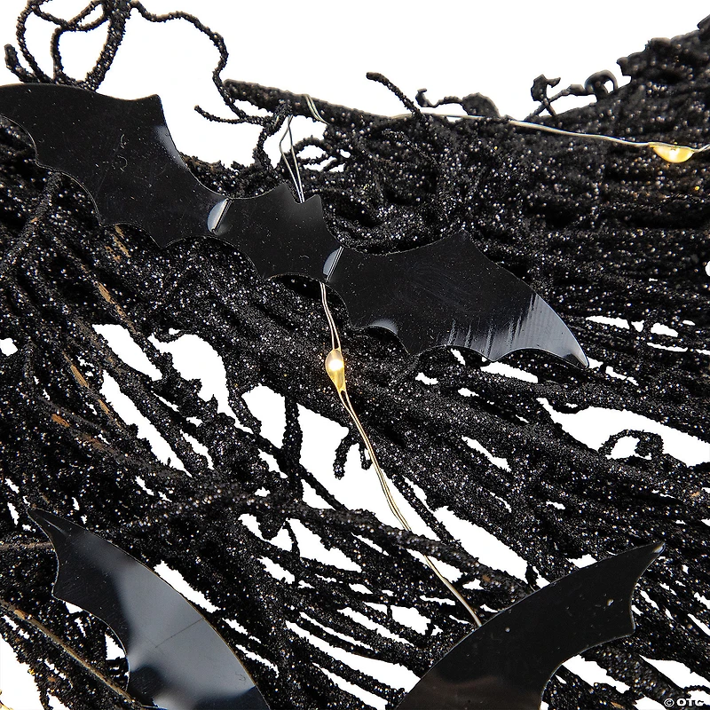 Black Halloween Twig Wreath with Bats and Warm White Lights  22-Inch
