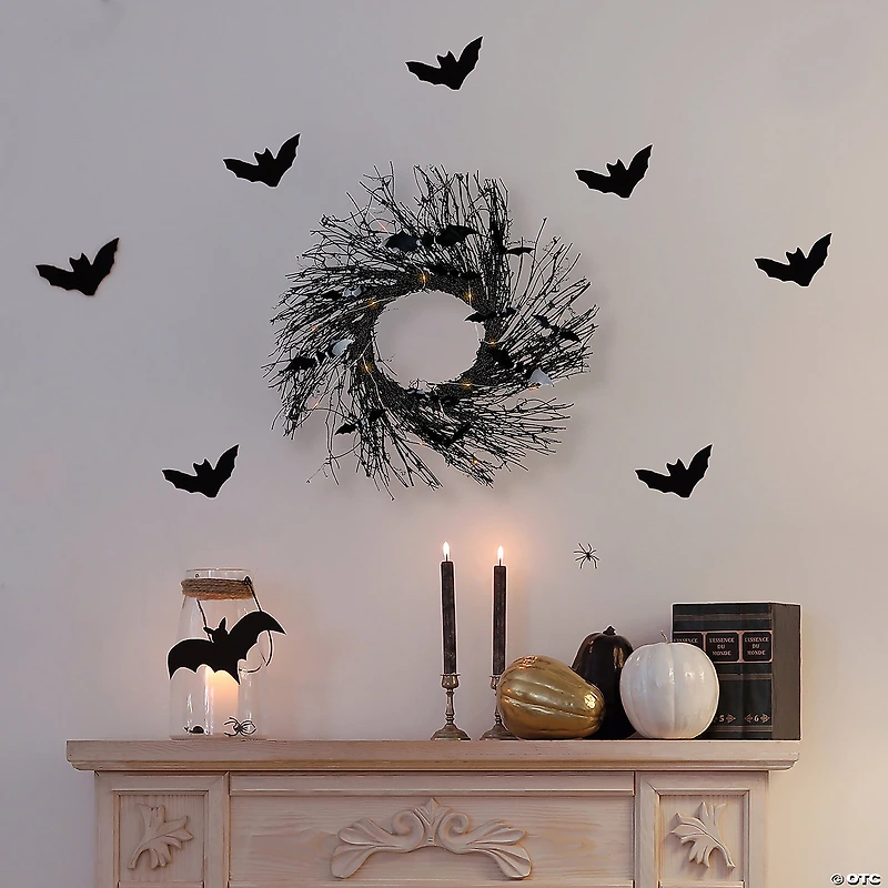 Black Halloween Twig Wreath with Bats and Warm White Lights 22-Inch