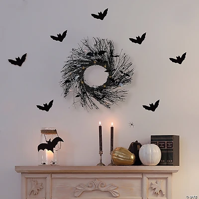Black Halloween Twig Wreath with Bats and Warm White Lights  22-Inch