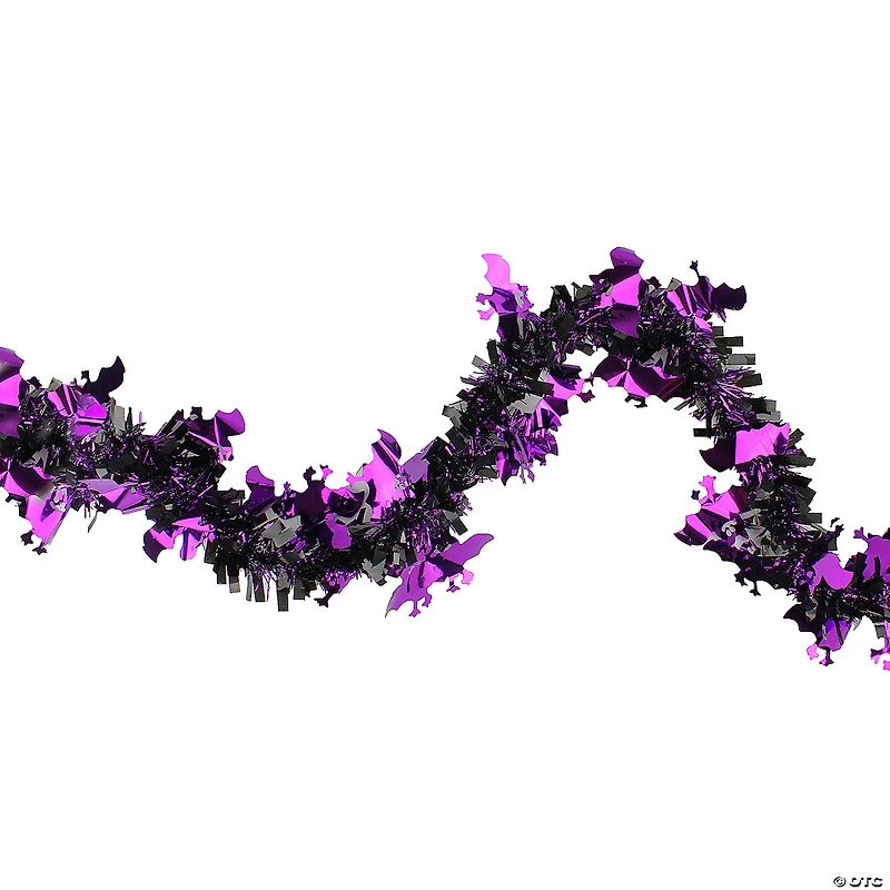 Black with Purple Bats Halloween Tinsel Garland - 50 feet Unlit