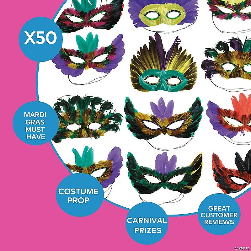 Bulk 50 Pc. Masquerade Feather Mask Assortment