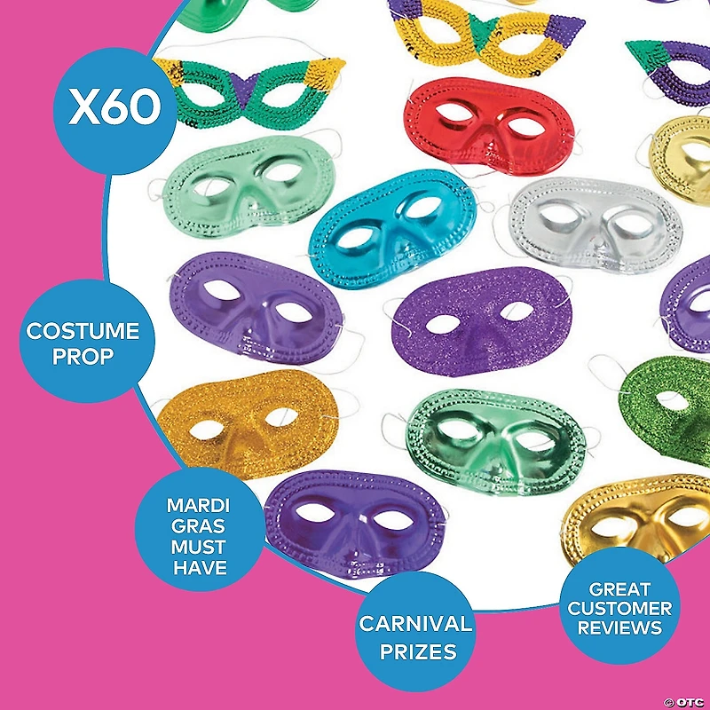 Bulk 60 Pc. Colorful Mardi Gras Mask Assortment