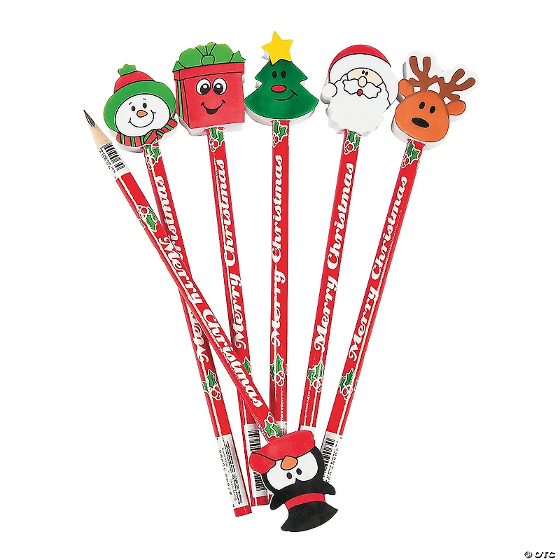 Christmas Pencils with Assorted Pencil Top Erasers - 12 Pc.