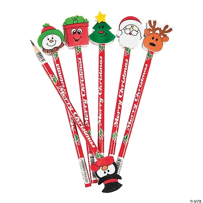Christmas Pencils with Assorted Pencil Top Erasers - 12 Pc.