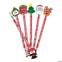 Christmas Pencils with Assorted Pencil Top Erasers - 12 Pc.