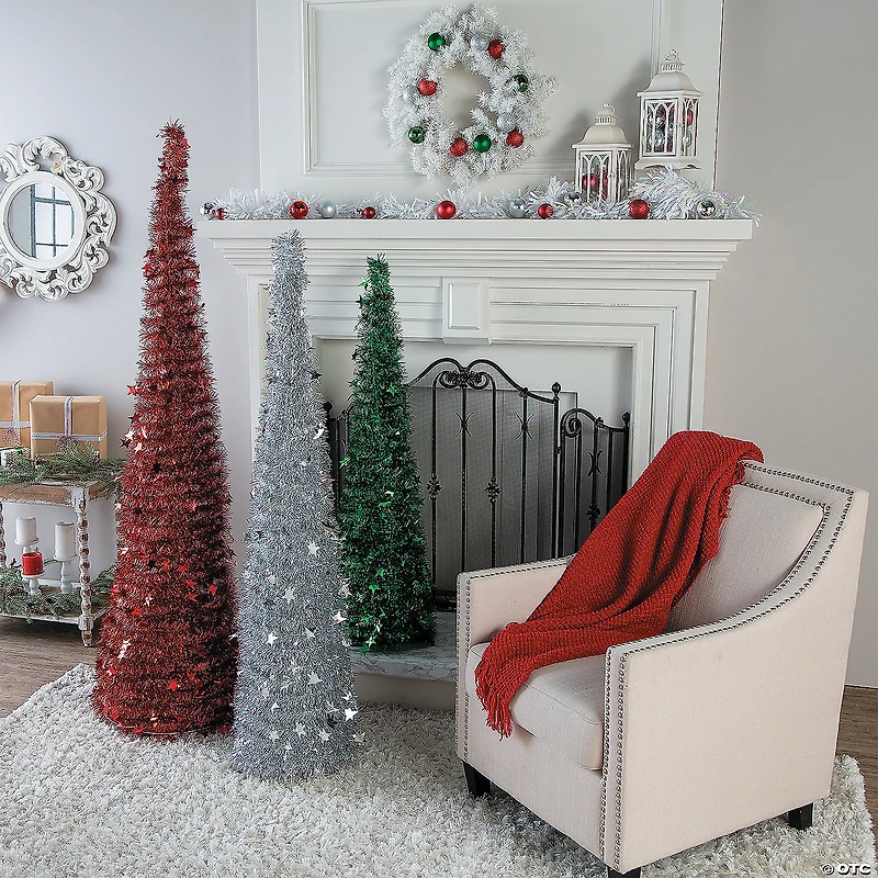 Collapsible Red, White & Green Tinsel Tree Set - 3 Pc.