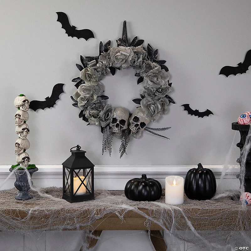Double Skull and Gray Roses Halloween Wreath  16-Inch  Unlit