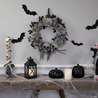 Double Skull and Gray Roses Halloween Wreath  16-Inch  Unlit