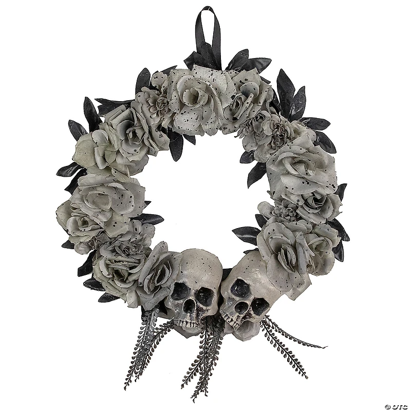 Double Skull and Gray Roses Halloween Wreath 16-Inch Unlit