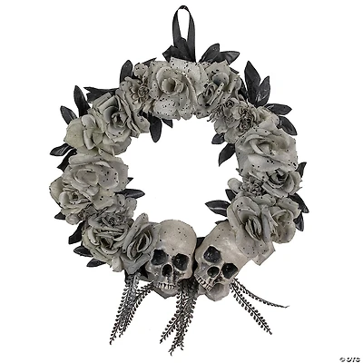 Double Skull and Gray Roses Halloween Wreath  16-Inch  Unlit