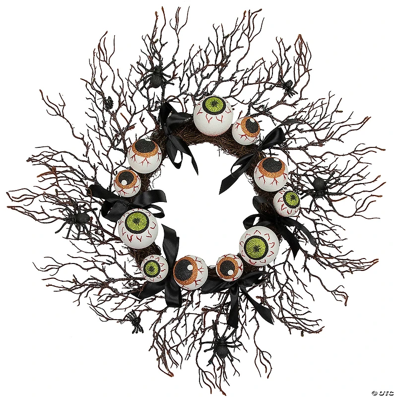 Eyeballs and Spiders Halloween Twig Wreath 24-Inch Unlit