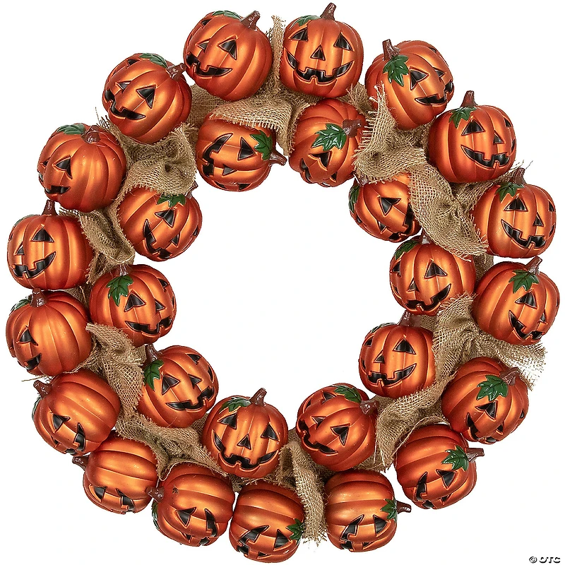 Jack-O-Lantern and Burlap Ribbon Halloween Wreath 20-Inch Unlit