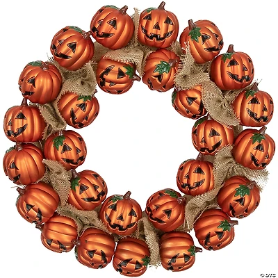Jack-O-Lantern and Burlap Ribbon Halloween Wreath  20-Inch  Unlit