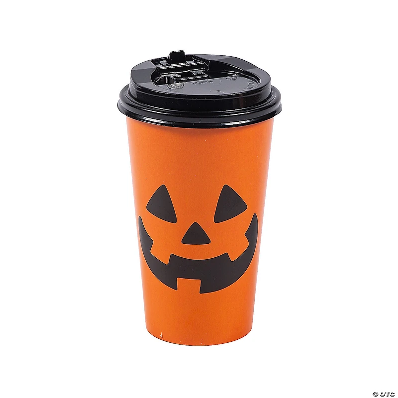 Jack-O’-Lantern Paper Coffee Cups with Lids - 12 Pc.