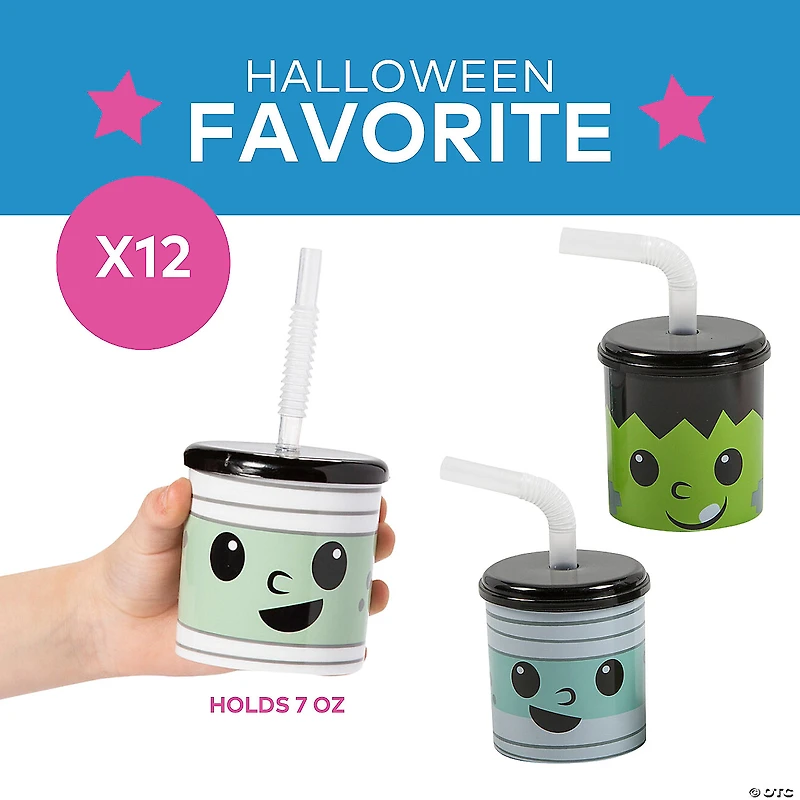 Kids Halloween Monster Reusable BPA-Free Plastic Cups with Lids & Straws