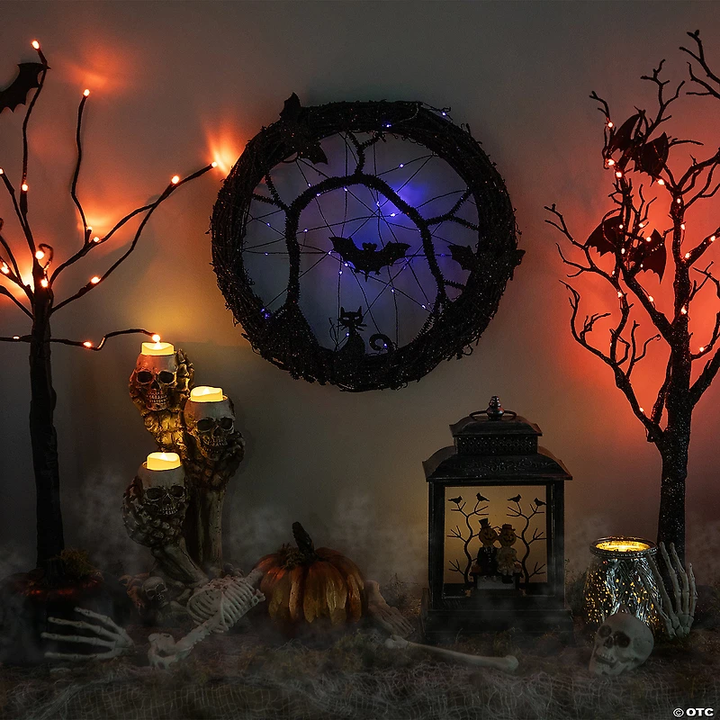LED Lighted Black Twig Halloween Wreath with Bats  13-Inch  Purple Lights