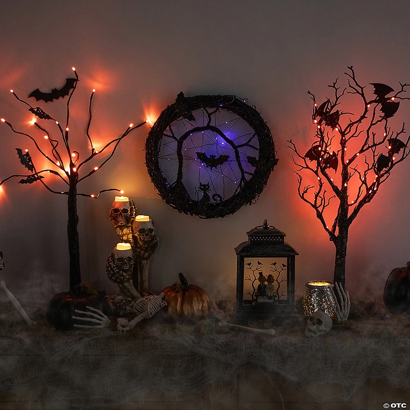 LED Lighted Black Twig Halloween Wreath with Bats  13-Inch  Purple Lights