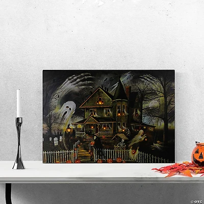 LED Lighted Creepy Haunted House Halloween Canvas Wall Art 23.5" x 16"