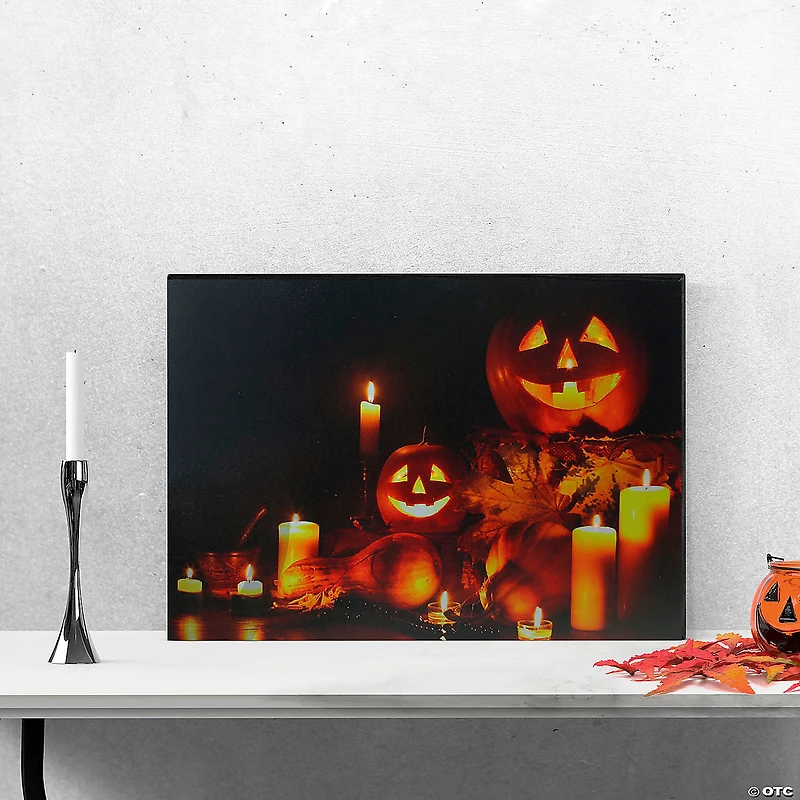 LED Lighted Jack-O-Lanterns and Leaves Halloween Canvas Wall Art 15.75" x 23.5"