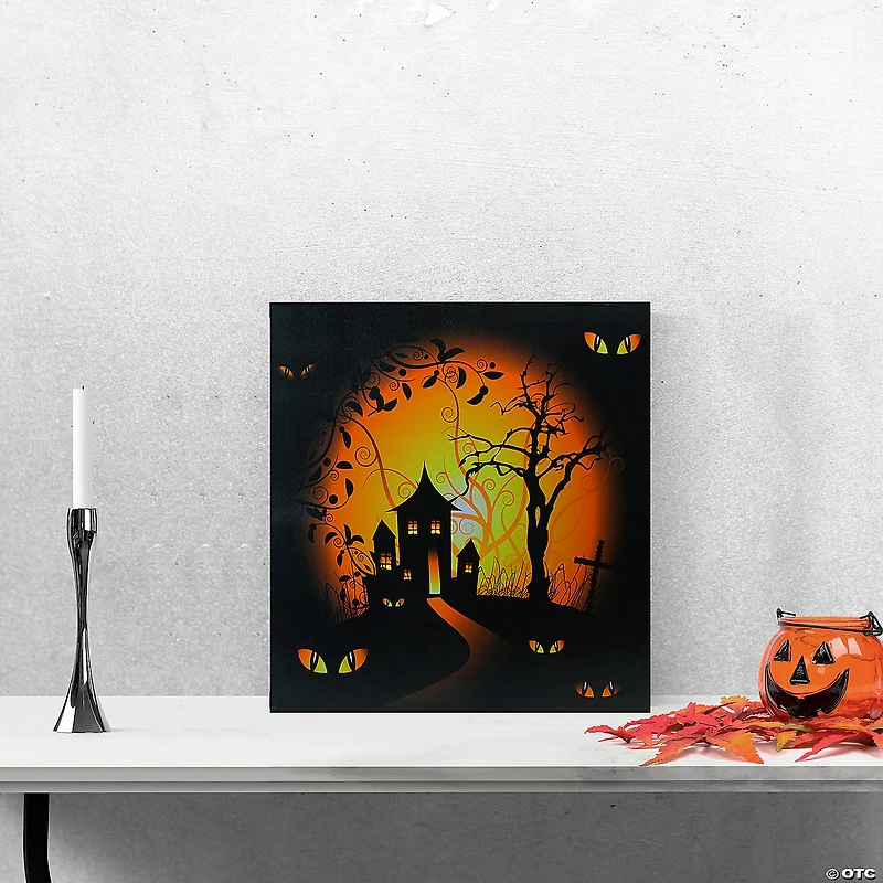 LED Lighted Spooky House Halloween Canvas Wall Art 19.75" x 19.75"