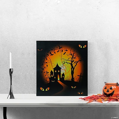 LED Lighted Spooky House Halloween Canvas Wall Art 19.75" x 19.75"