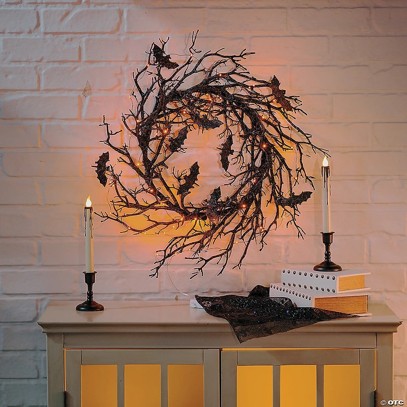 Light-Up Black Bat Wreath Halloween Decoration